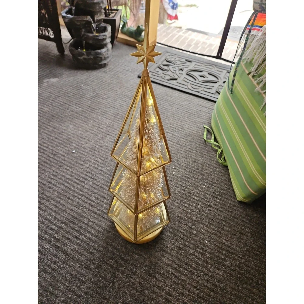 VTG Gold Table Top Christmas Tree Lighted GLASS ENCASED Hollywood Regency 24
